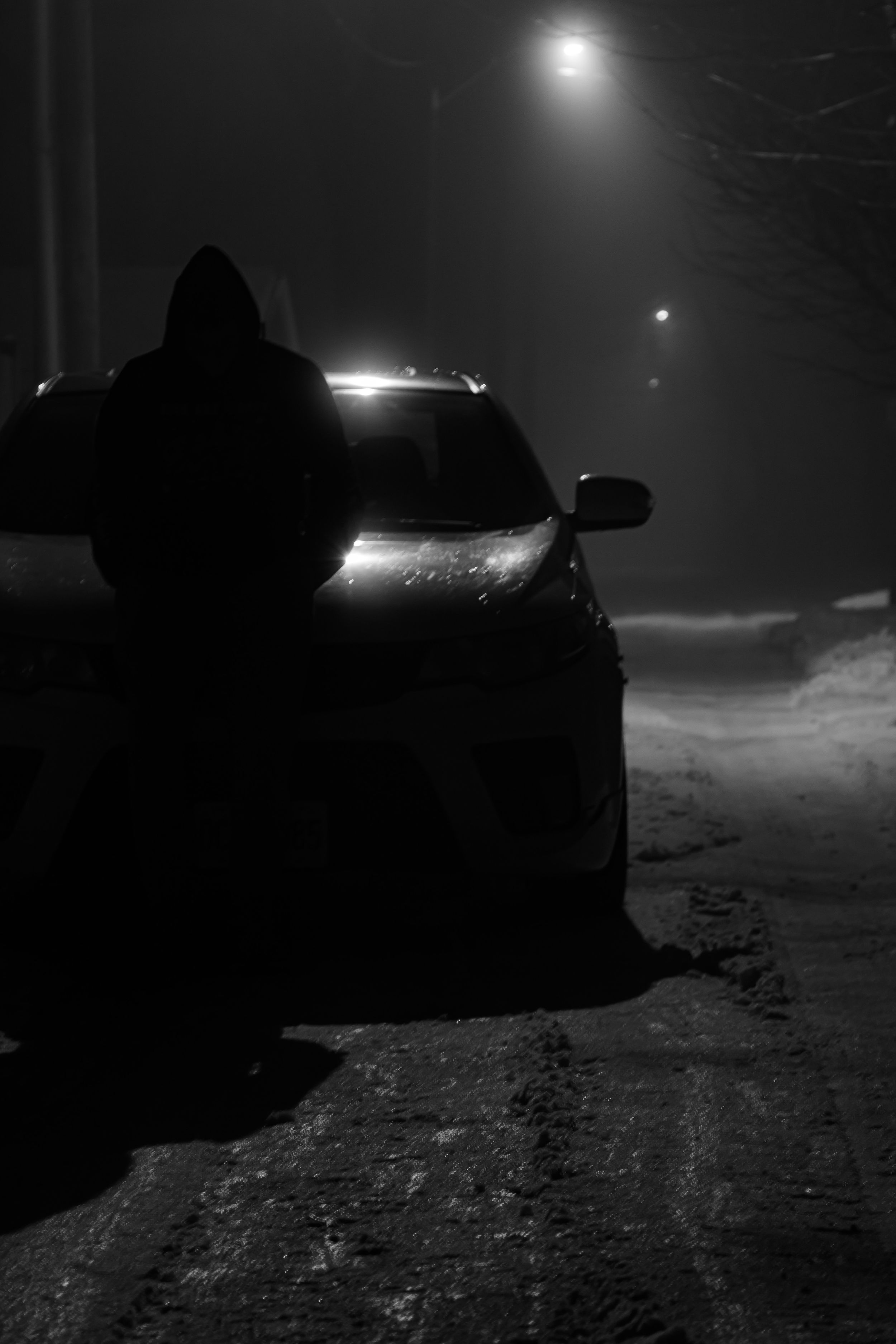 A dark and foggy winter night scene with parked cars and street lights creating an eerie atmosphere in the snow.