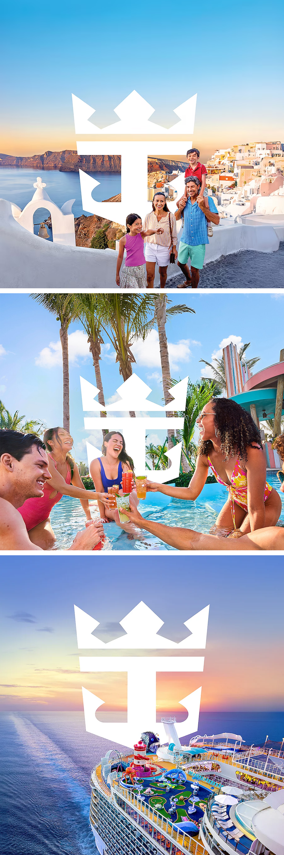 Group enjoying drinks at a tropical resort pool with palm trees and colorful buildings in the background.