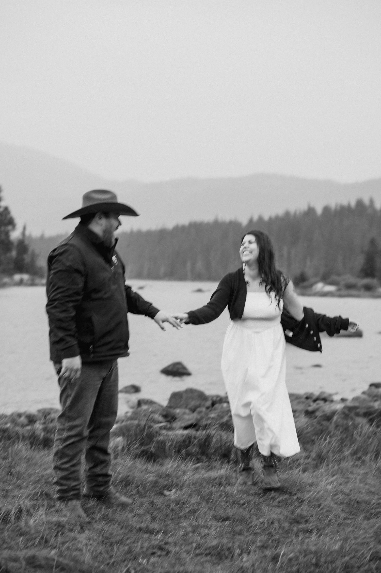Cinematic engagement photos in the rain