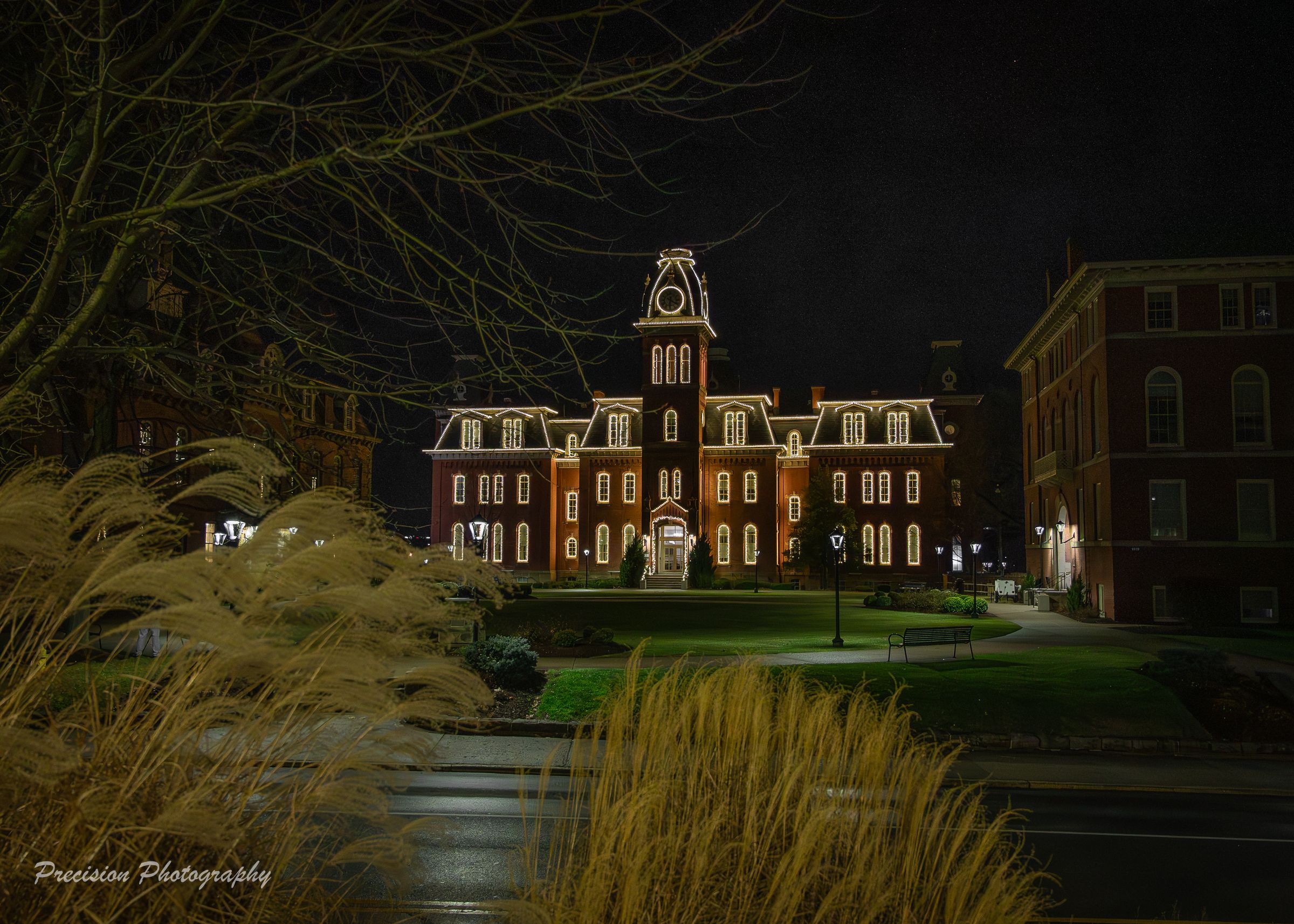 Historic mansion illuminated at night with dramatic lighting and bare winter trees in the foreground.