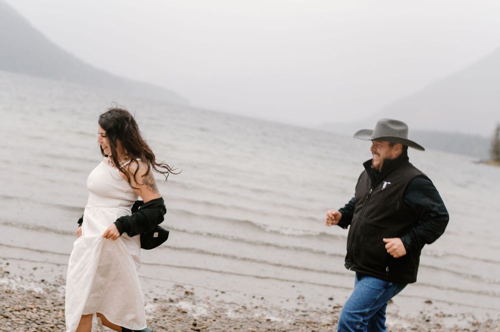 Cinematic engagement photos on a lake