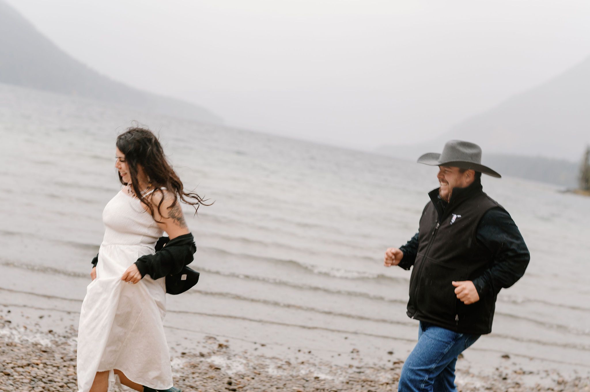 Cinematic engagement photos on a lake