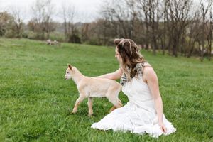 Cat and person in white dress sitting together on grassy hillside during outdoor photo session.
