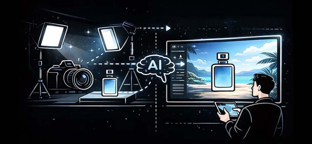 A series of dark technical interface designs showing computer screens and digital elements with glowing blue accents.