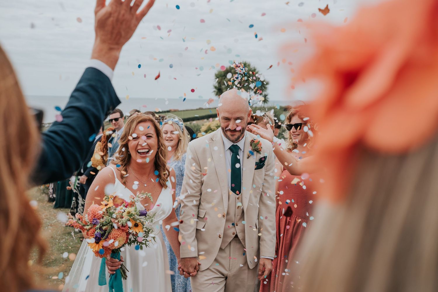 Confetti shot at The Barn at South Milton - summer wedding