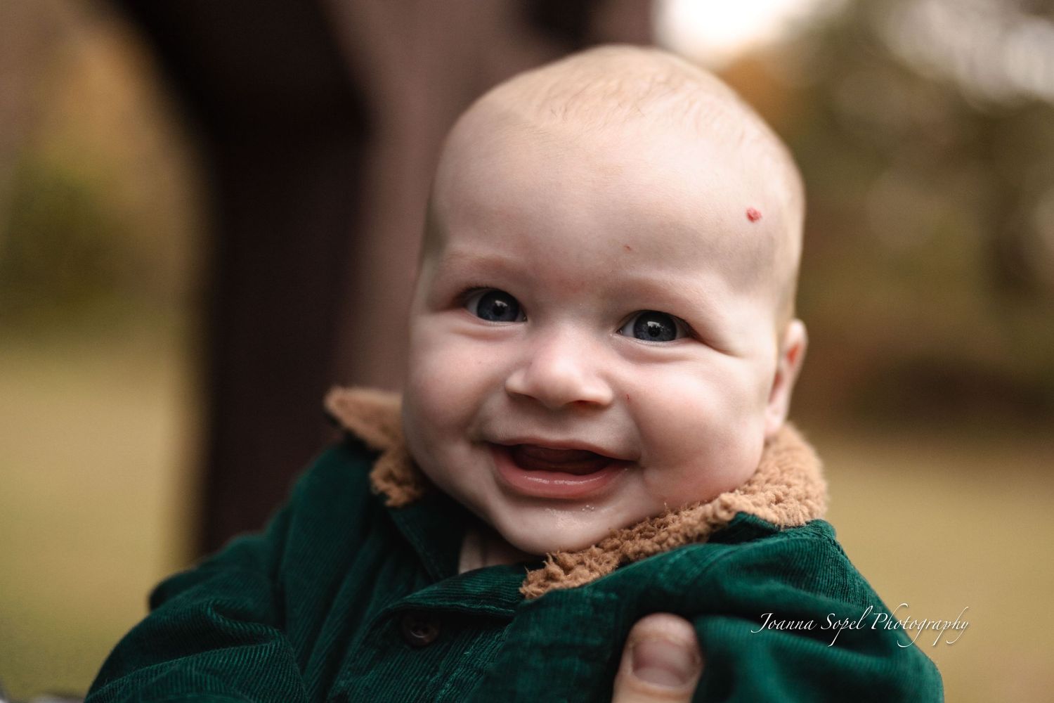 Baby wearing green sweater smiles while sitting outdoors during autumn photoshoot at 6 month photo shoot