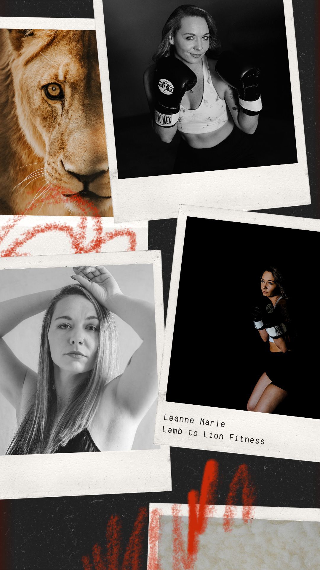 Photo collage featuring lion eye closeup and fitness-themed polaroid style images in black and white.