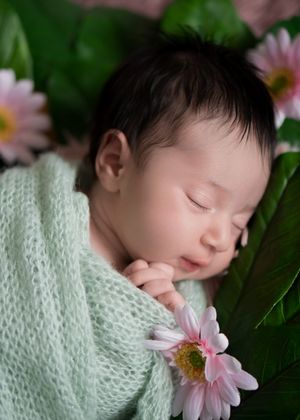 Sleeping newborn wrapped in mint knit blanket surrounded by pink daisies.