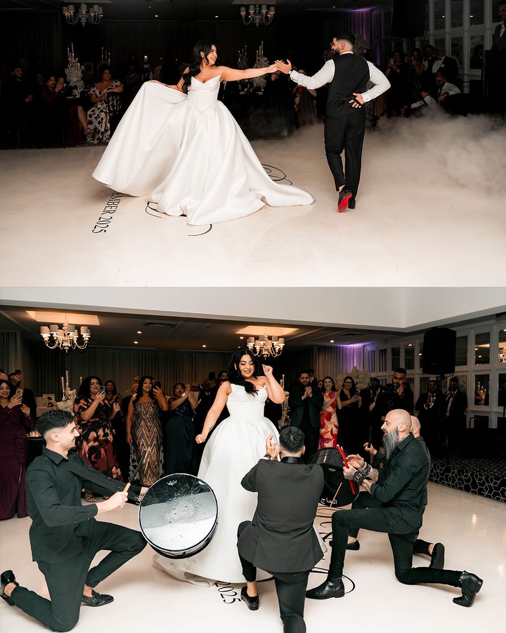 Wedding party performs synchronized dance moves on white dance floor during reception celebration.