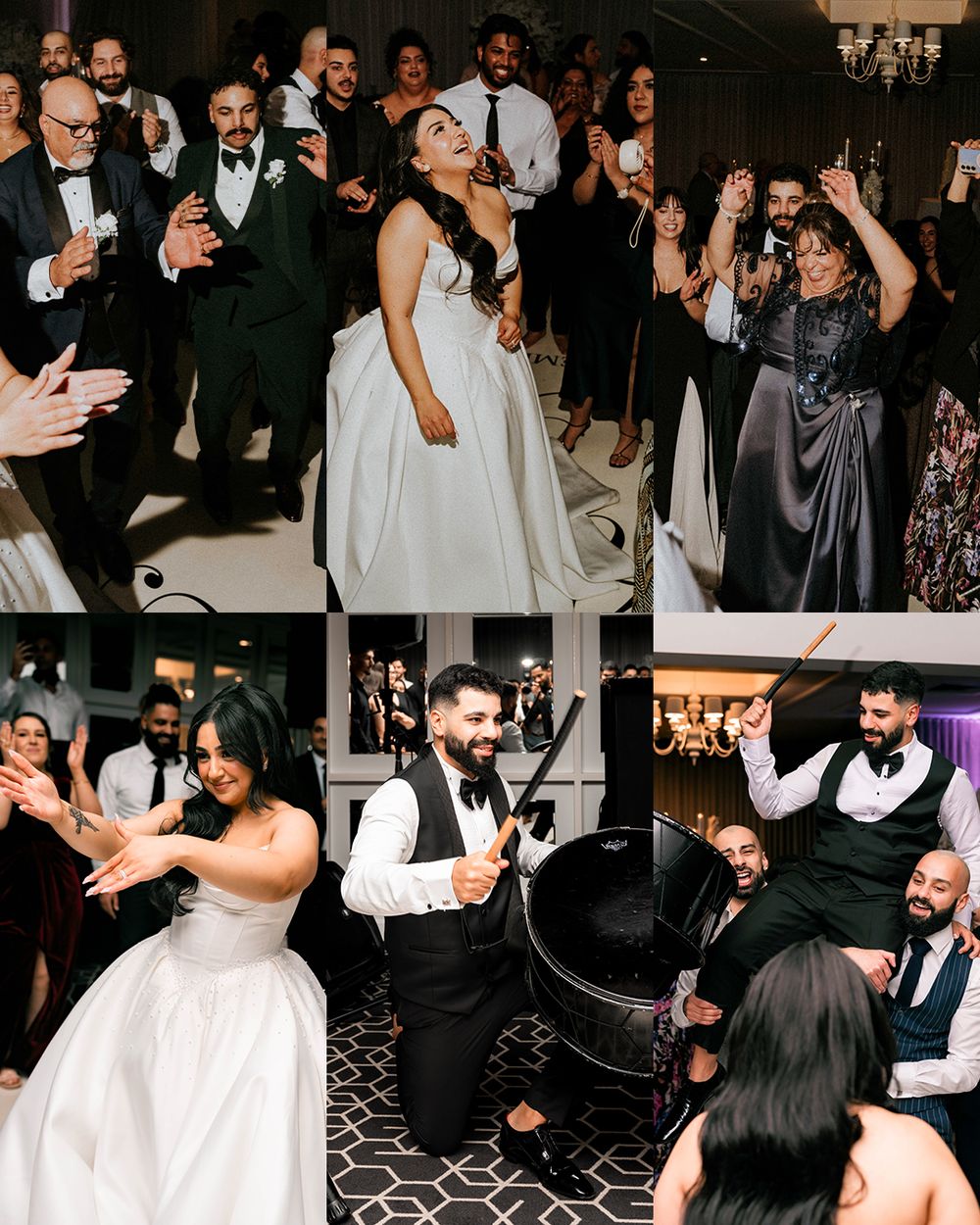 Wedding guests dancing and celebrating on a dark dance floor at an elegant reception party.
