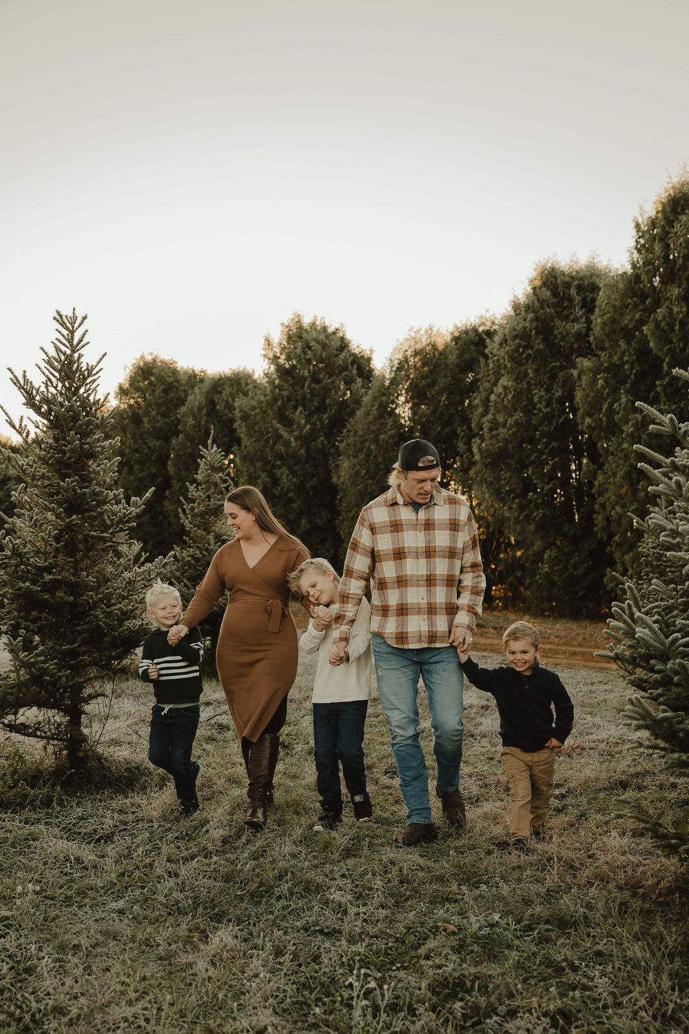 A family walking together through rows of evergreen trees during a warm autumn evening.