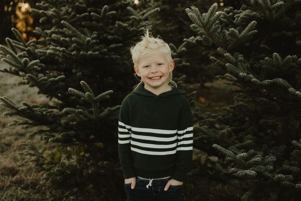 Young child wearing black and white striped sweater posed in front of evergreen trees.
