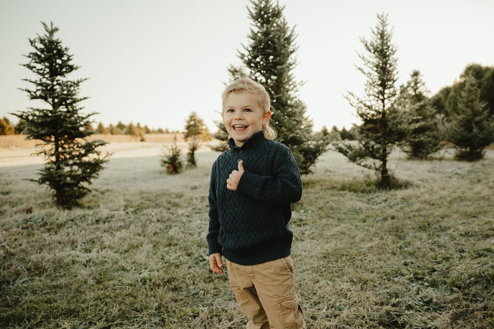 Child in navy hoodie and khaki pants standing in field with evergreen trees.