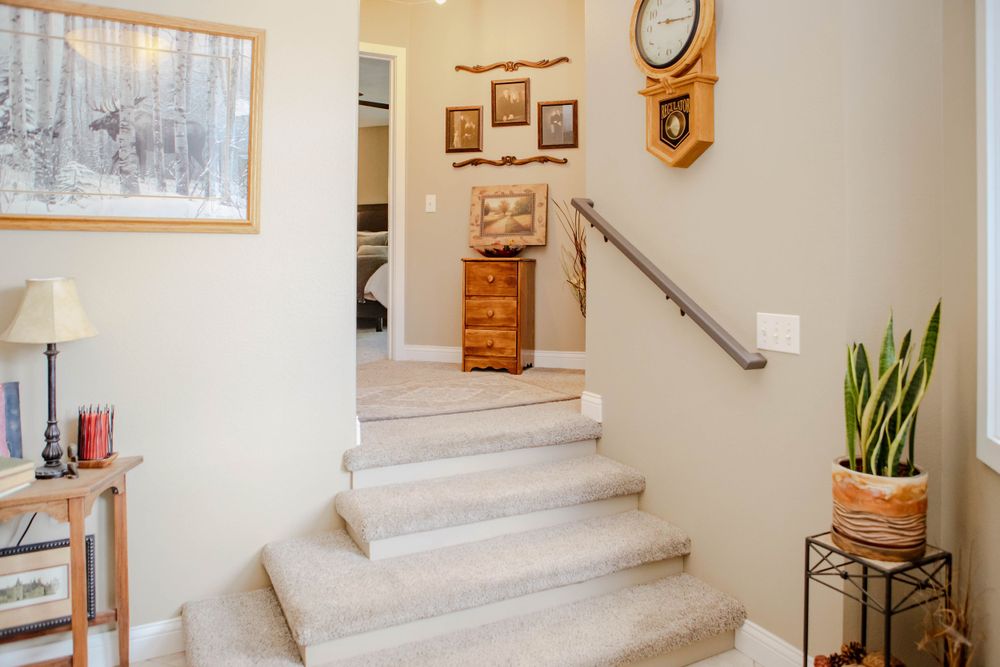 Cream-colored carpeted staircase in a home interior with framed artwork, wooden furniture and a potted snake plant.