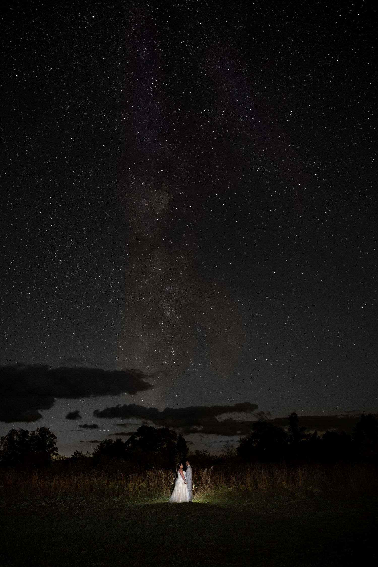 A silhouetted figure stands illuminated in a field under a starry night sky with the Milky Way visible above.