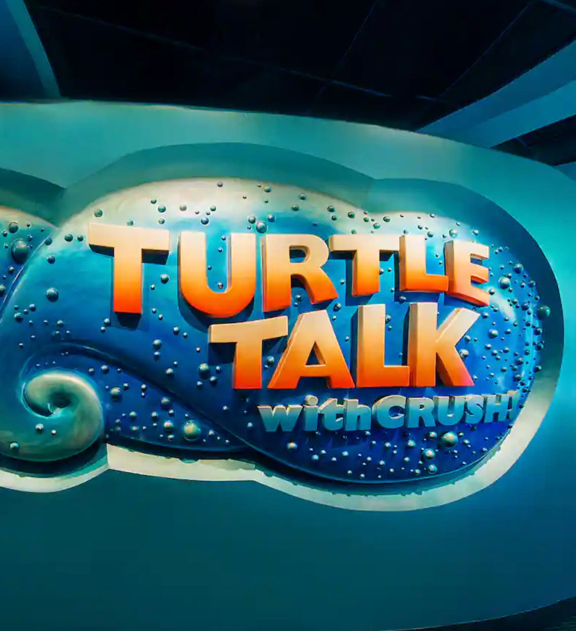 Vibrant blue logo design for 'Turtle Talk with Crush' featuring underwater bubbles and swirling wave effects.
