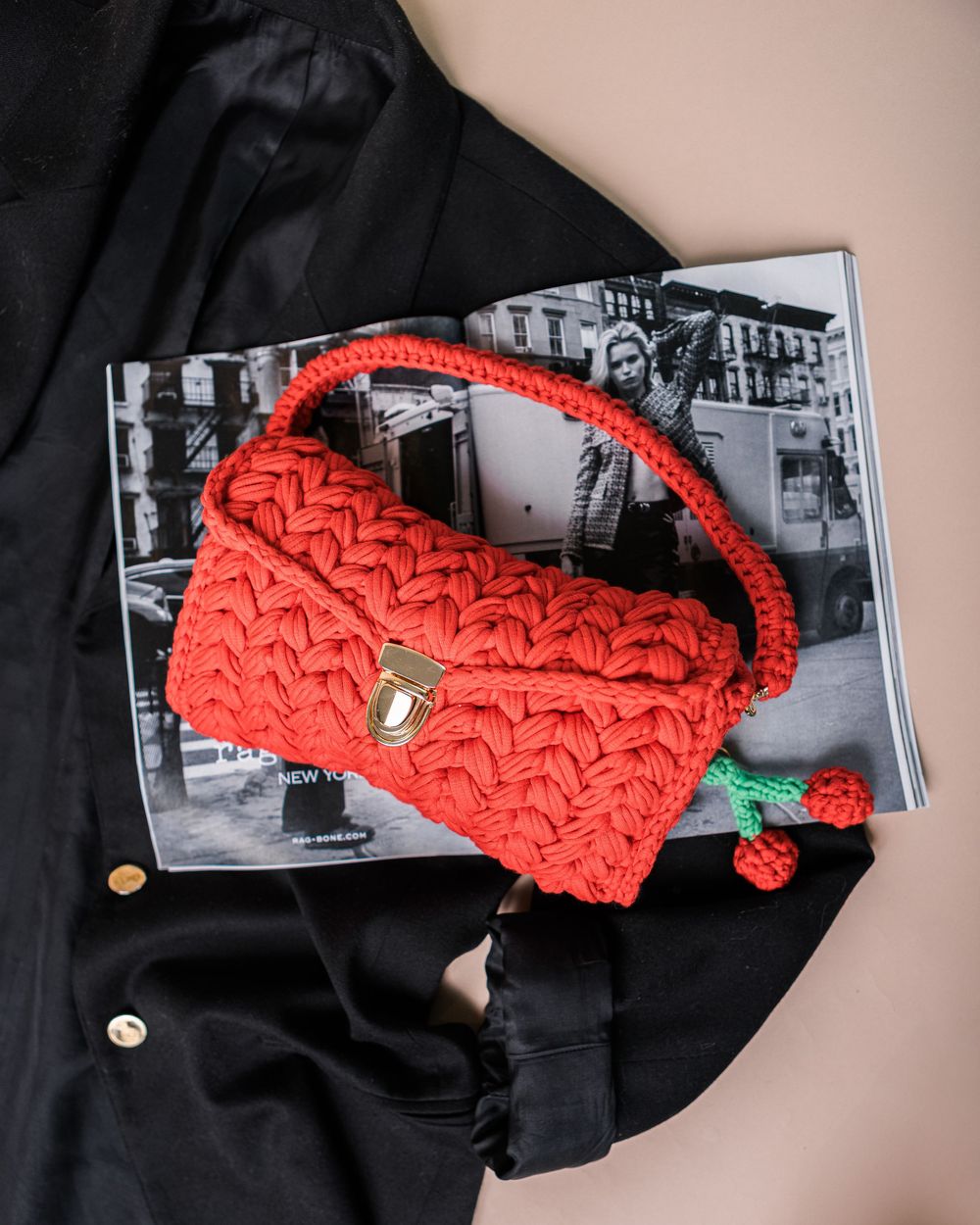 A red macrame cord is shown being woven into a decorative pattern against a black and white background.