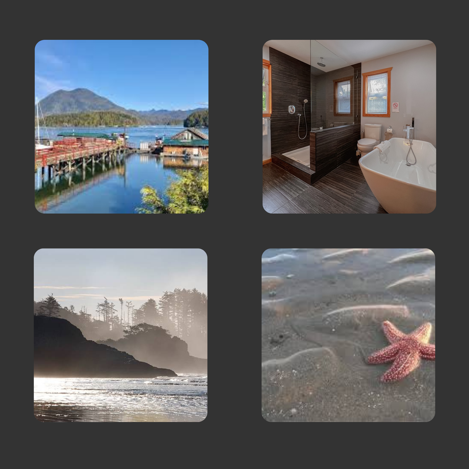 Four-panel grid showing waterfront dock, luxury bathroom, misty coastline, and starfish on beach.