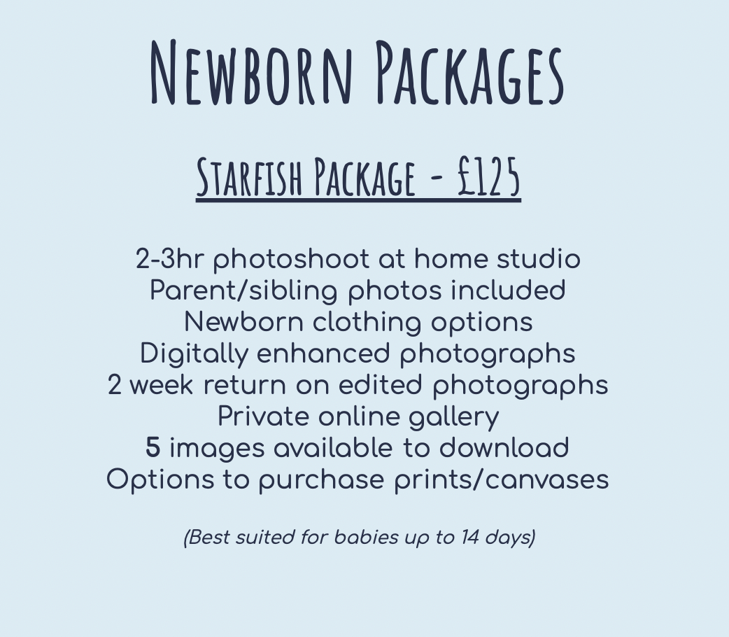 Newborn photography package details for Starfish package priced at £125.