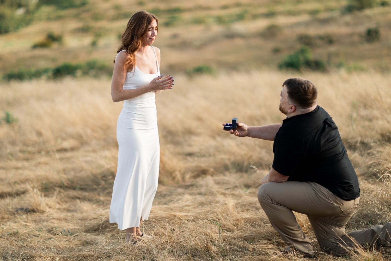 A proposal scene in a golden field with person kneeling and presenting a ring.