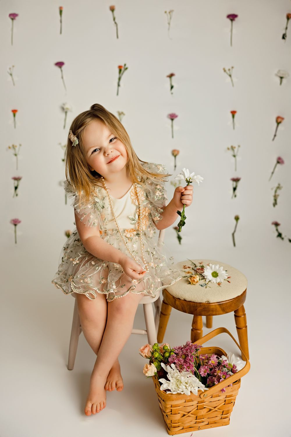 Young child in lace dress surrounded by floral wall decorations and basket of flowers.