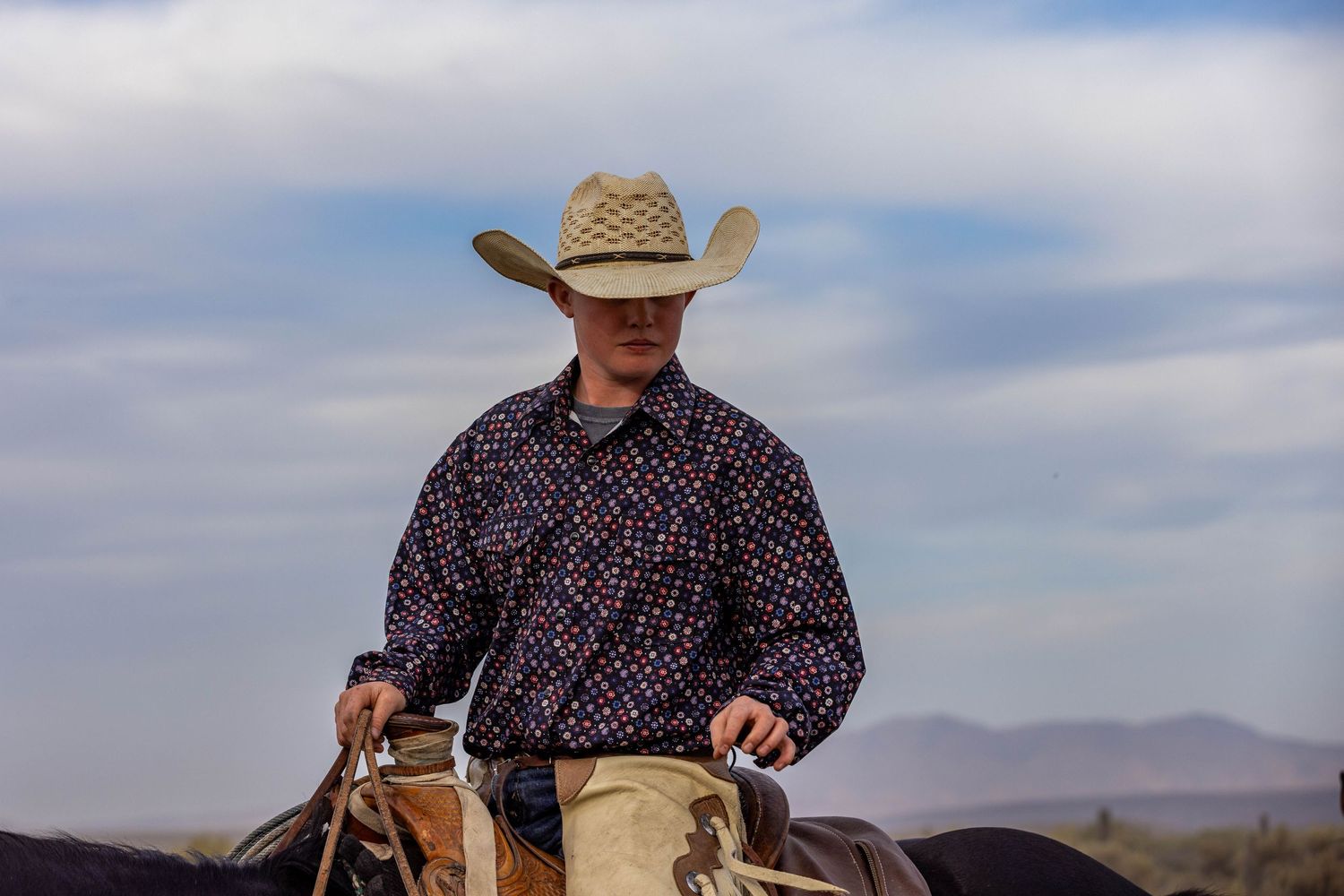 A rider in western attire sits atop a horse against a cloudy sky and mountain backdrop.