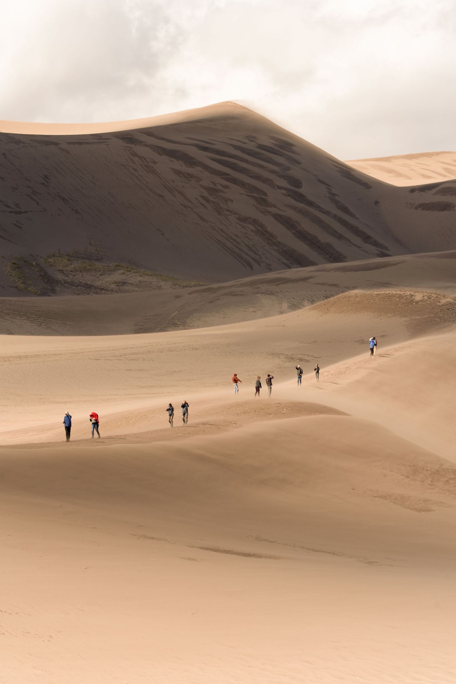 Small figures trek across vast sand dunes in a desert landscape.