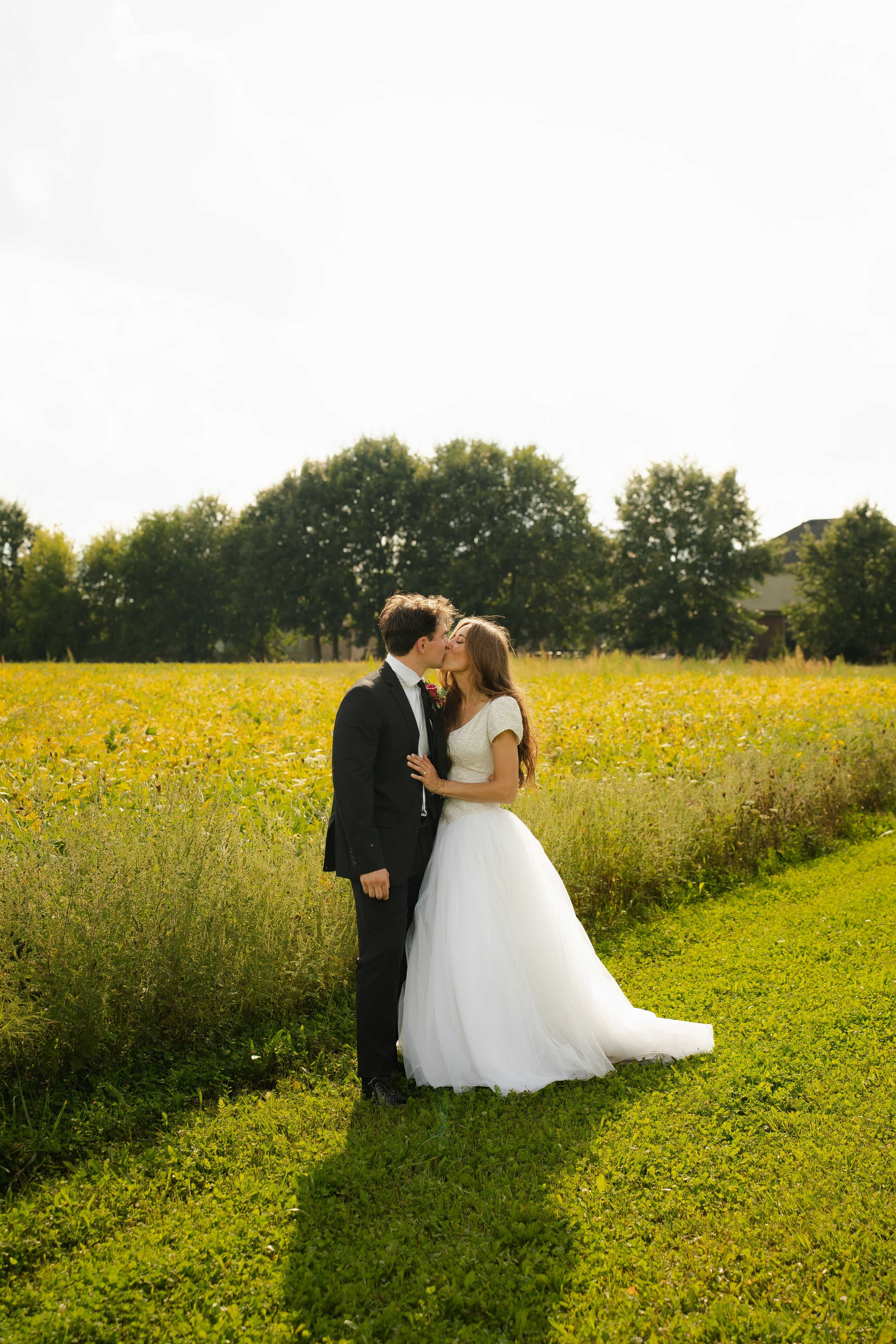 A bride and groom share a romantic kiss in a lush green field with yellow wildflowers and trees in the background.