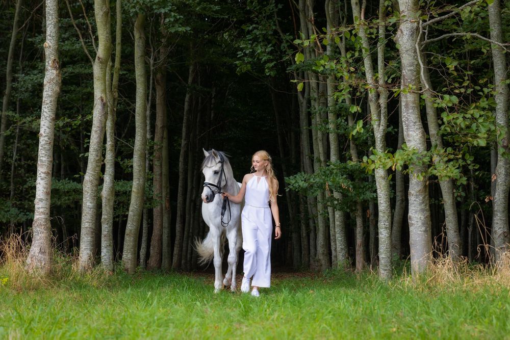 A woman in white walks a grey horse through a lush green forest clearing with tall trees in the background.