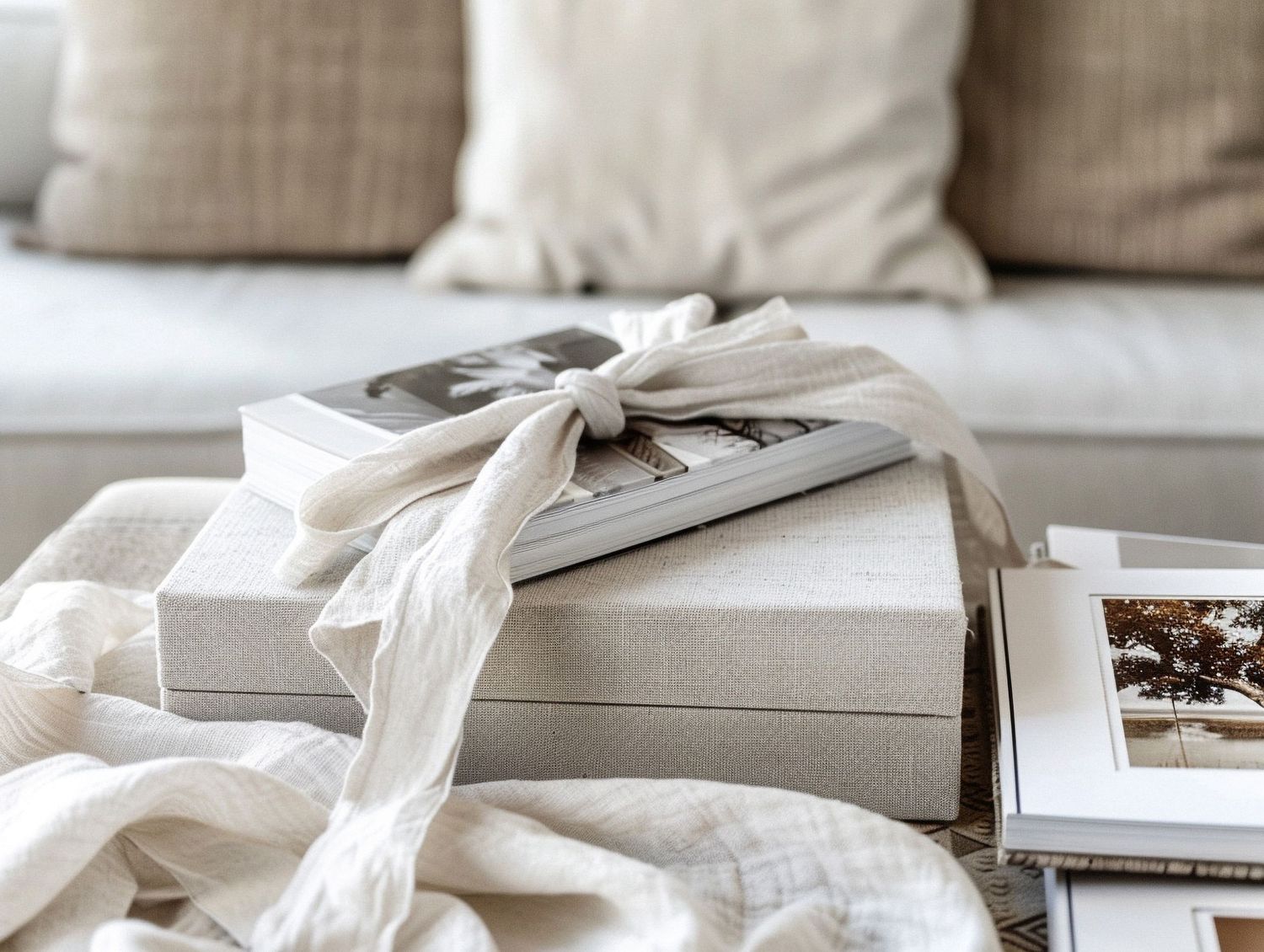 Elegant white linen gift boxes tied with a silk ribbon bow on a coffee table with cozy neutral decor.