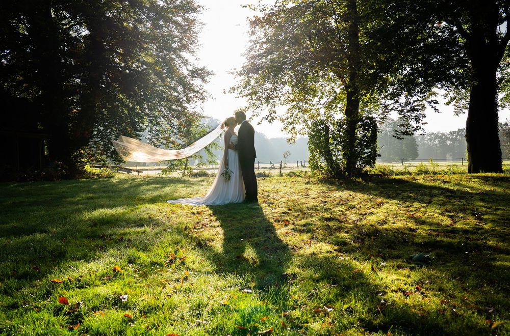 Bruid en bruidegom delen een romantische kus in een zonovergoten groene weide, terwijl hun bruidssluier in de wind wappert.