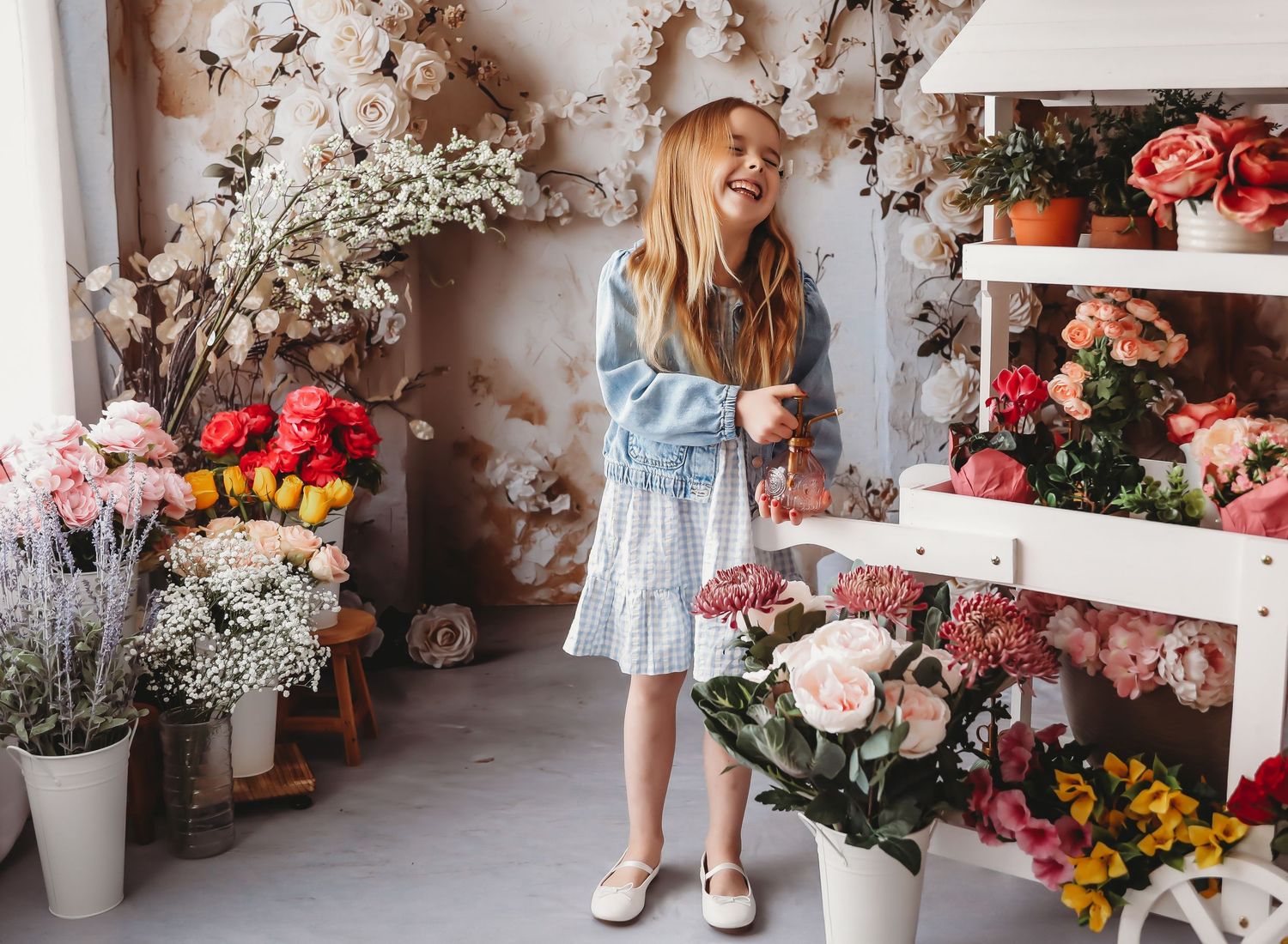 A joyful young girl with long red hair laughs among colorful flower arrangements in a bright floral shop.