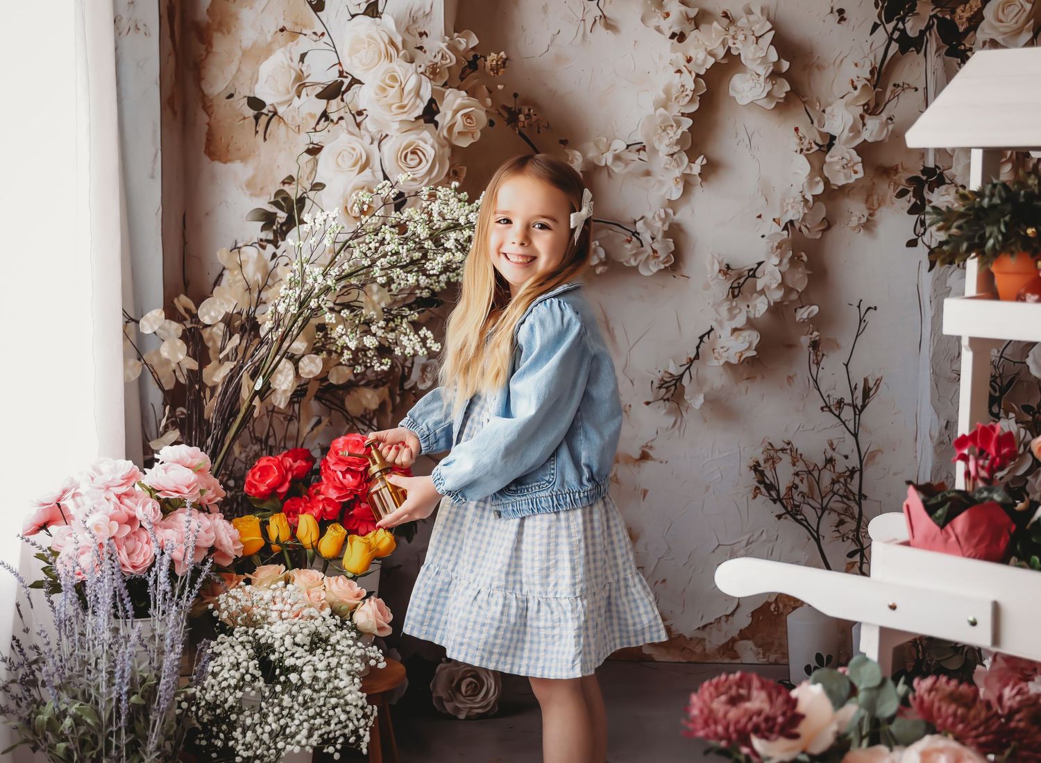 Young blonde girl in denim jacket and gingham dress poses among colorful flower arrangements in studio.