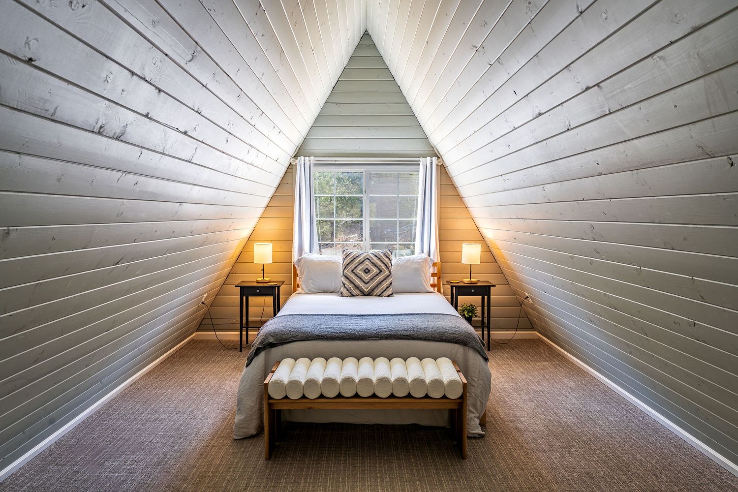 Upstairs A-frame bedroom at the Hygge Chalet by Denver Hospitality, Travel & Tourism photographer Captain Colorado Photography.