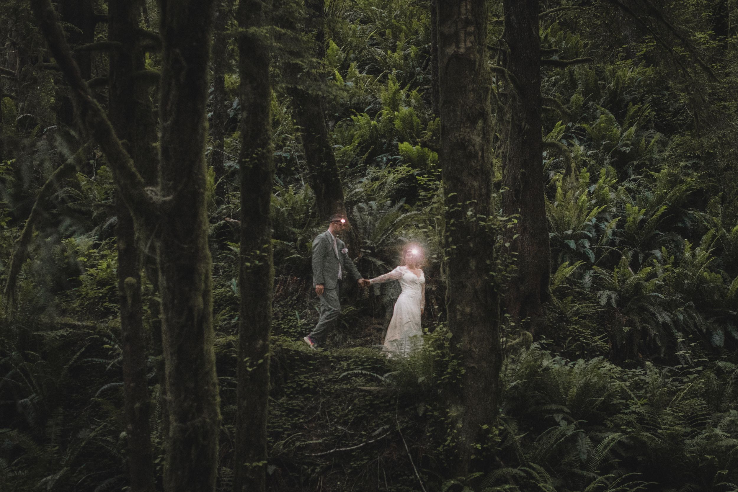 Couple walking through lush green forest holding glowing lights in a magical woodland setting.