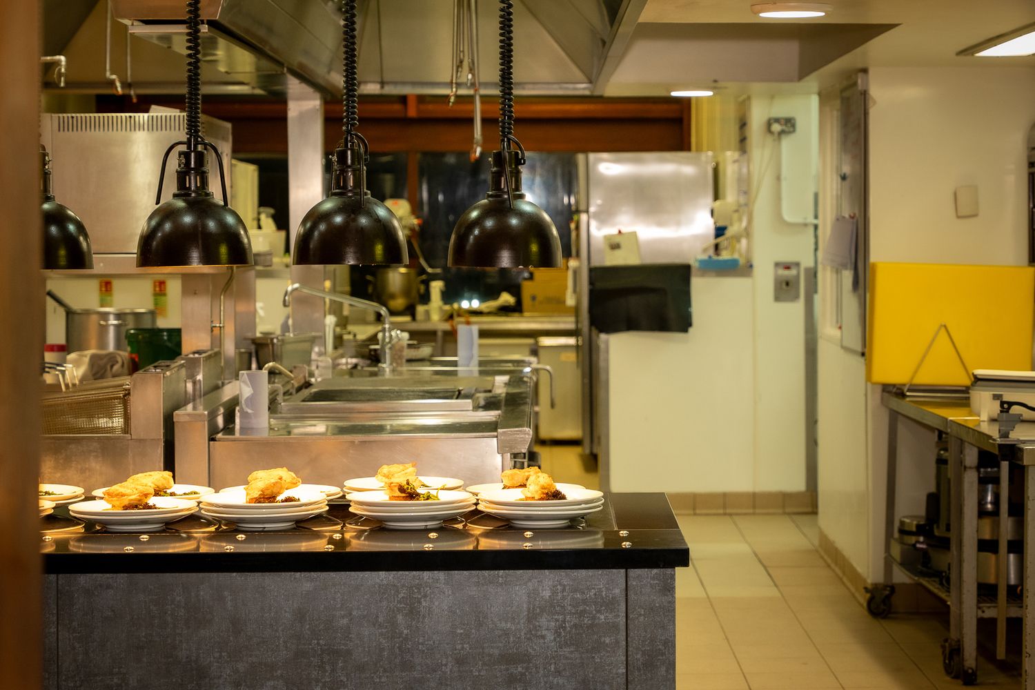 Commercial kitchen counter with black heat lamps warming plated dishes in a professional restaurant kitchen.