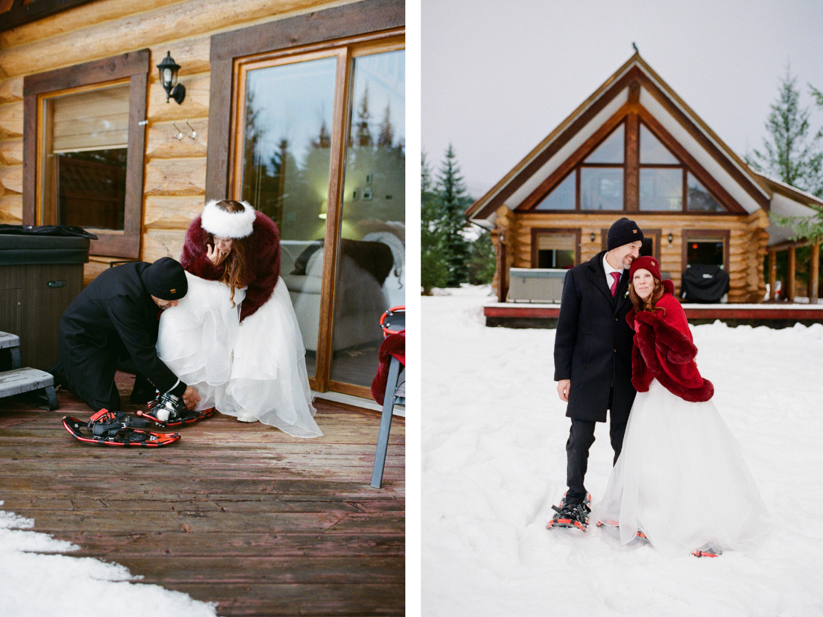 35 mm film photo of groom helping bride into snowshoes outside a log cabin in BC