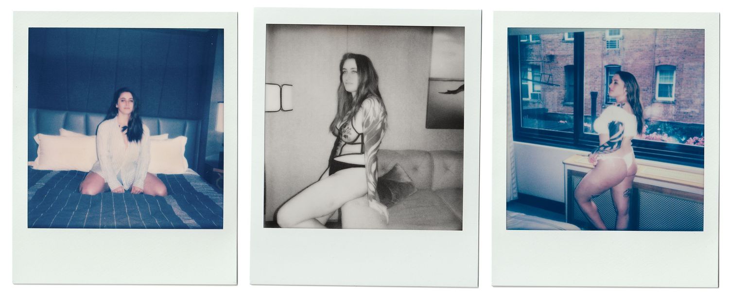 Model poses in black lace bra top and Fendi monogram trousers in a Polaroid-style fashion photo.