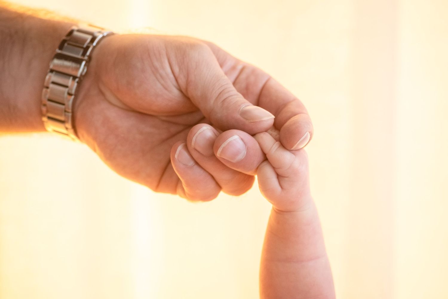 Adult hand gently holding a tiny newborn baby's hand, symbolizing parental love and family bonding.