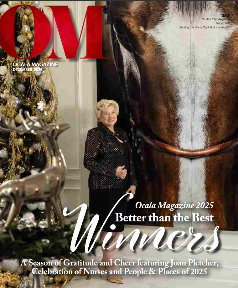Ocala Magazine December 2025 cover featuring Joan Pletcher beside a horse for Better than the Best Winners.