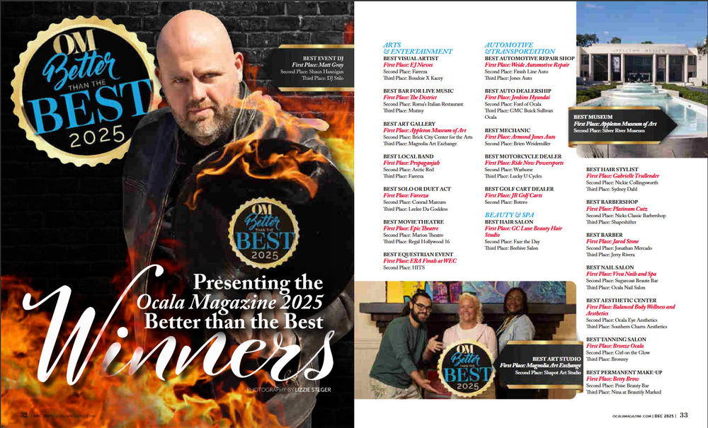Ocala Magazine 2025 Better than the Best Winners spread featuring a man with fire photography.