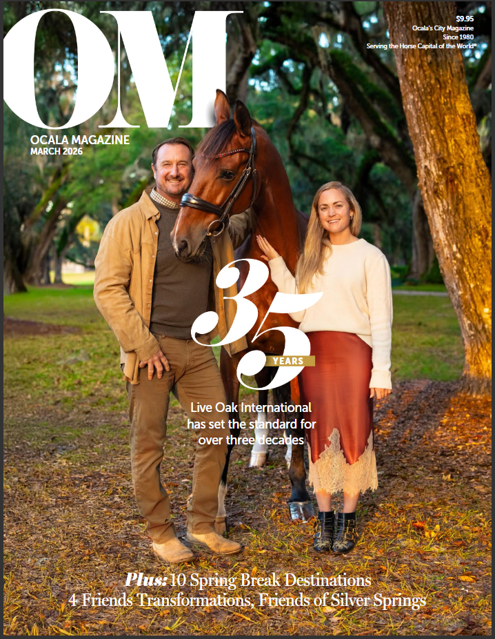 Ocala Magazine March 2024 cover featuring a couple with a brown horse celebrating 35 years of Live Oak International.