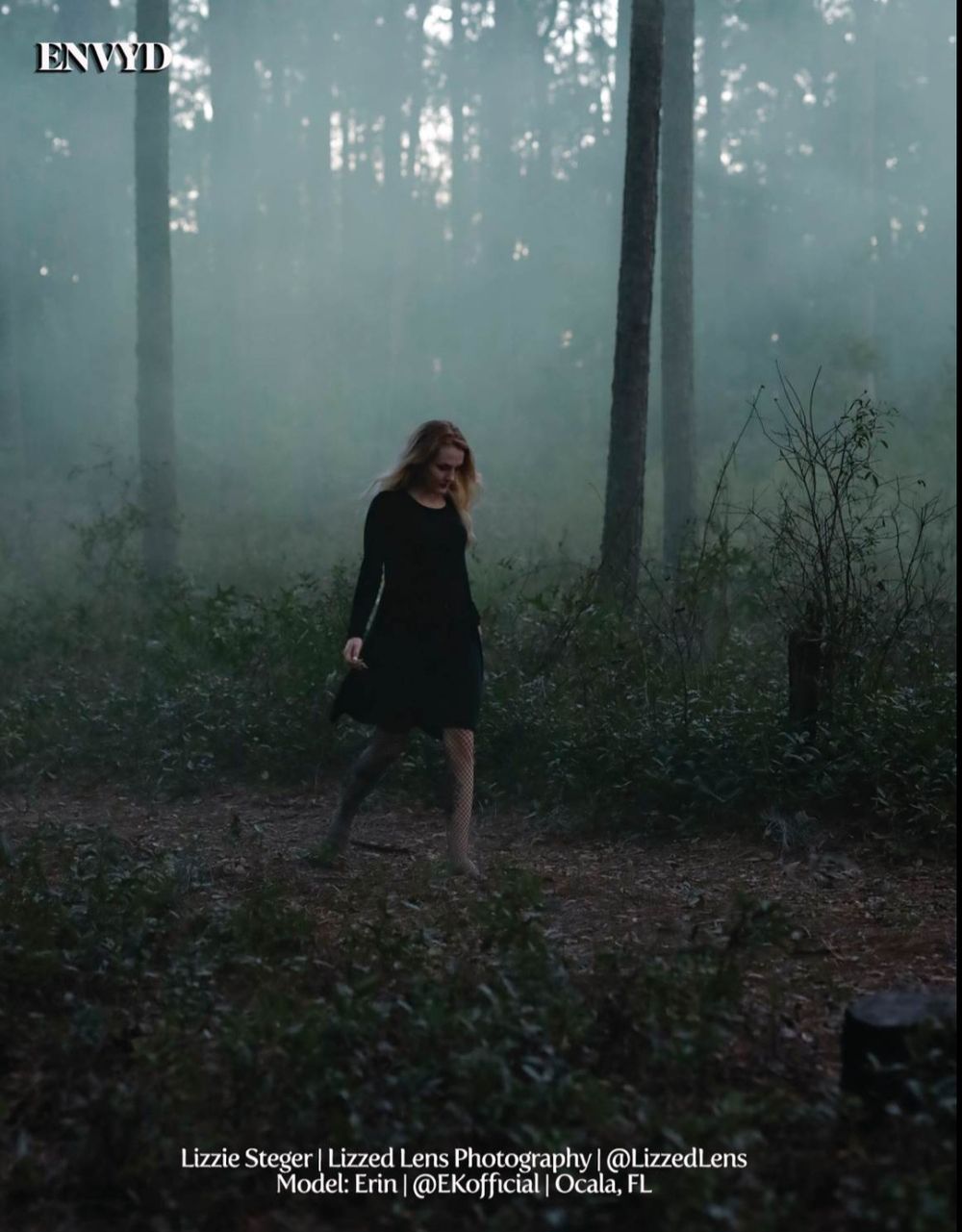 Model Erin in black dress walking through misty forest in Ocala FL, photo by Lizzed Lens.