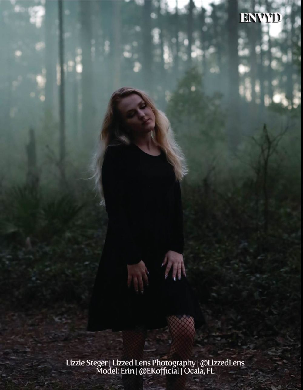 Model Erin in black dress posing in foggy forest in Ocala FL, photographed by Lizzed Lens.