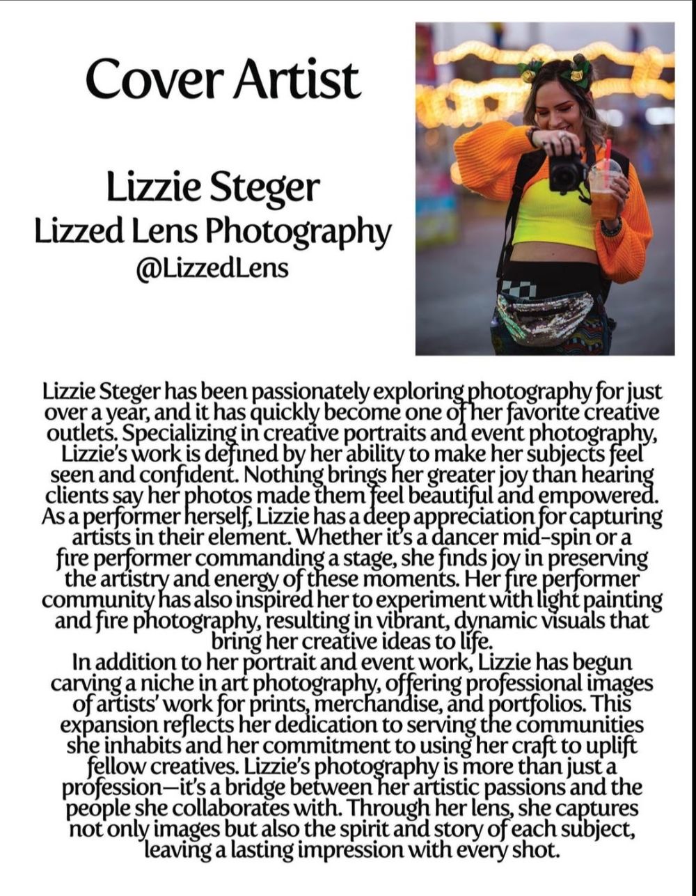 Cover artist profile of Lizzie Steger from Lizzed Lens Photography specializing in creative portraits and event photography.