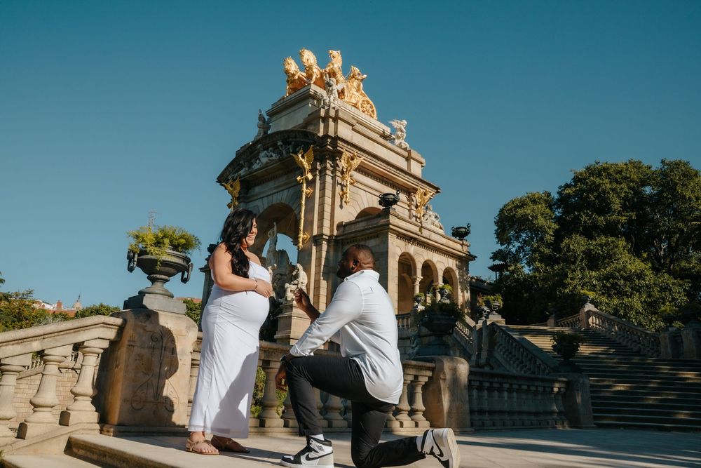 Engagement ring shining as Anna & Nelly celebrate their proposal in Barcelona.