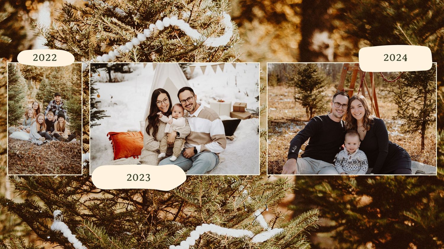 A series of three winter holiday family photoshoot frames shows outdoor and indoor scenes with a warm, festive atmosphere.