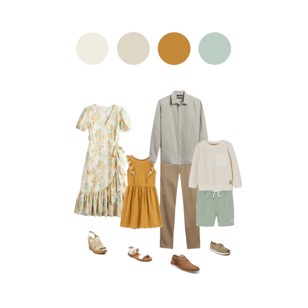 Family wardrobe collection in cream, brown and mint green with coordinating accessories.