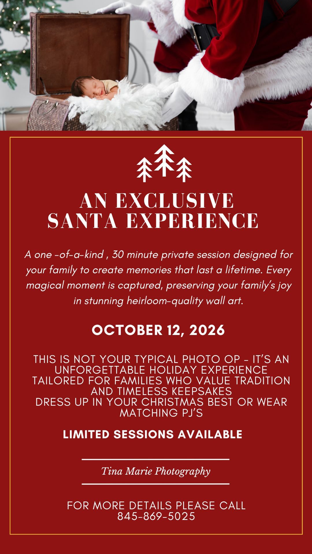 Red and white Christmas photography studio advertisement showing Santa experience session details on elegant maroon backgrounds.