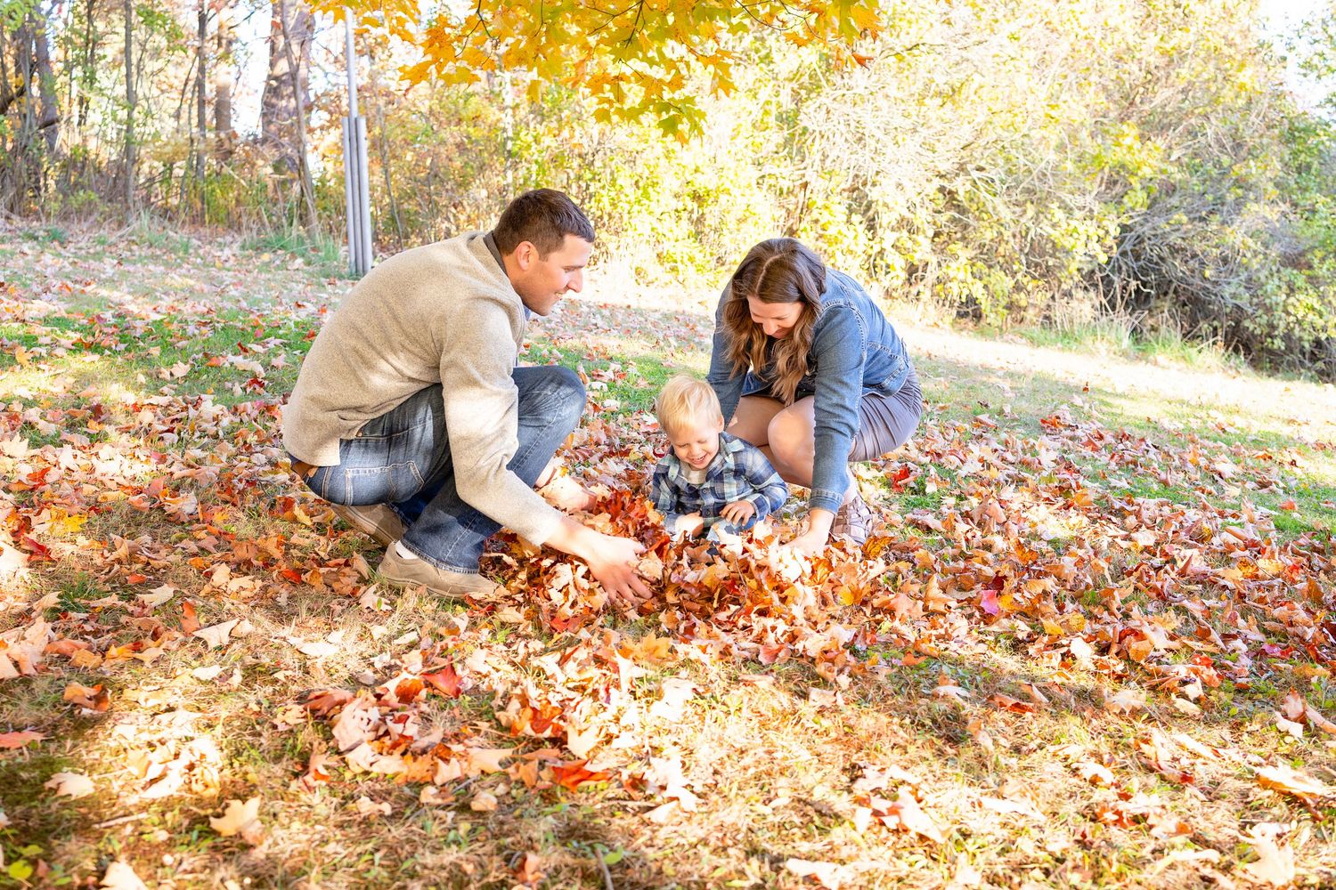 People having fun playing in a pile of vibrant autumn leaves in a park on a sunny fall day.